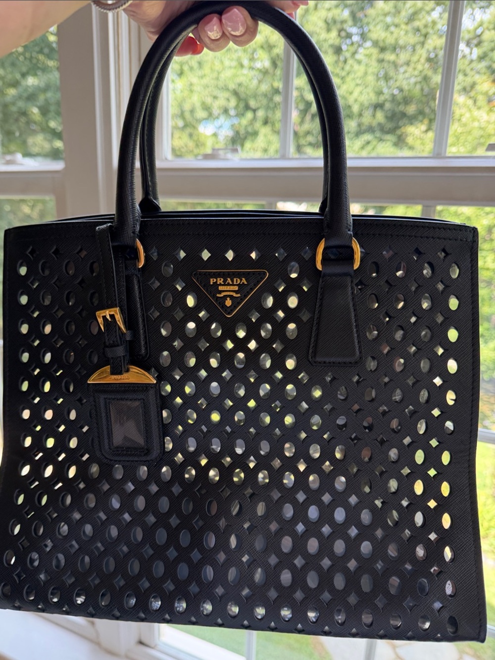 Prada Black Perforated Saffiano Tote with Gold Hardware